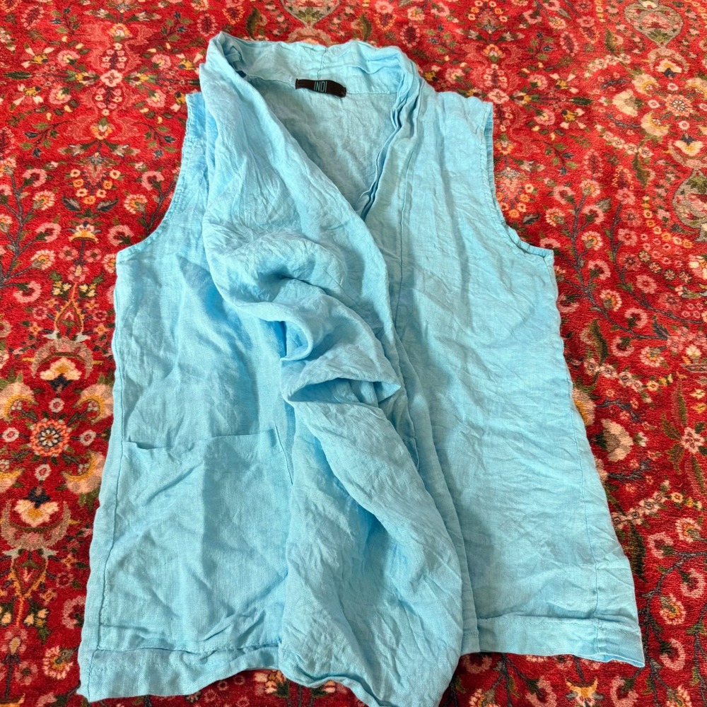 Indi Linen Vest Women S/M Blue Lagenlook Made in Italy Draped Open Front Pocket